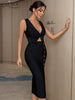 Adyce Women's Black V Neck Club Bandage Dress Sexy Tank Buttons Midi Hollow Out Celebrity Elegant Evening Party Outfit Dress