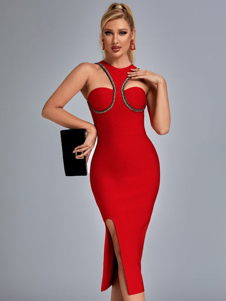 Adyce Night Club Beading Bandage Dress For Women Sexy Cut Out Midi Red Celebrity 2023 Summer Runway Party Streetwear Dresses