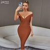 Adyce Off Shoulder Brown Midi Bodycon Bandage Dress For Women Sexy V Neck Celebrity Elegant Club Evening Party Dresses Vestidos