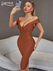 Adyce Off Shoulder Brown Midi Bodycon Bandage Dress For Women Sexy V Neck Celebrity Elegant Club Evening Party Dresses Vestidos