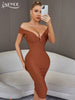 Adyce Off Shoulder Brown Midi Bodycon Bandage Dress For Women Sexy V Neck Celebrity Elegant Club Evening Party Dresses Vestidos