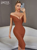 Adyce Off Shoulder Brown Midi Bodycon Bandage Dress For Women Sexy V Neck Celebrity Elegant Club Evening Party Dresses Vestidos