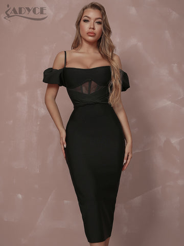 Adyce Off Shoulder Short Sleeve Bandage Dress Women Sexy Black Lace Elegant Bodycon Evening Club Celebrity Party Midi Lady Dress