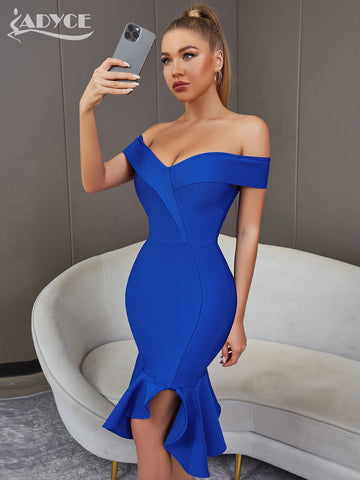 Adyce Off Shoulder Trumpet Women's Bandage Dress Sexy V Neck Summer Evening Club Celebrity Midi Party Bodycon Blue Dress Outfits