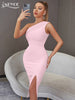 Adyce One Shoulder Elegant Party Bandage Dress Sexy Sleeveless Summer Women Club Celebrity Split Party Midi Pink Dress