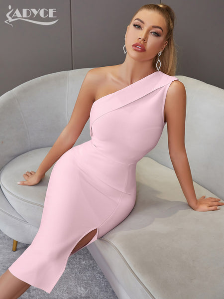 Adyce One Shoulder Elegant Party Bandage Dress Sexy Sleeveless Summer Women Club Celebrity Split Party Midi Pink Dress