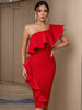 Adyce One Shoulder Evening Women Bandage Dress Sexy Short Sleeve Red Ruffles Midi Celebrity Club Runway Party Dress Outfits 2023