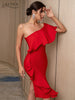 Adyce One Shoulder Evening Women Bandage Dress Sexy Short Sleeve Red Ruffles Midi Celebrity Club Runway Party Dress Outfits 2023