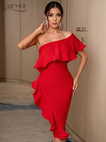 Adyce One Shoulder Evening Women Bandage Dress Sexy Short Sleeve Red Ruffles Midi Celebrity Club Runway Party Dress Outfits 2023