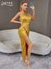 Adyce One Shoulder Night Club Gold Maxi Dress Women's Summer Sexy Sleeveless Draped Evening Birthday Party Satin Dresses