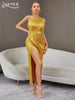 Adyce One Shoulder Night Club Gold Maxi Dress Women's Summer Sexy Sleeveless Draped Evening Birthday Party Satin Dresses