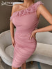 Adyce One Shoulder Ruffles Midi Dress For Women 2023 Summer Sexy Sleeveless Pink Mesh Club Celebrity Evening Party Dress