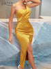 Adyce One Shoulder Sleeveless Evening Maxi Dress For Women Summer Elegant Draped Celebrity Night Club Party Satin Dress Outfits