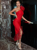 Adyce Red Ruffles Night Club Bandage Dress For Women One Shoulder Mesh Sexy Sleeveless Celebrity Evening Midi Party Dress Outfit