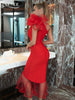 Adyce Red Ruffles Night Club Bandage Dress For Women One Shoulder Mesh Sexy Sleeveless Celebrity Evening Midi Party Dress Outfit