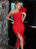 Adyce Red Ruffles Night Club Bandage Dress For Women One Shoulder Mesh Sexy Sleeveless Celebrity Evening Midi Party Dress Outfit