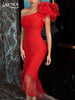 Adyce Red Ruffles Night Club Bandage Dress For Women One Shoulder Mesh Sexy Sleeveless Celebrity Evening Midi Party Dress Outfit