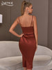 Adyce Spaghetti Strap Elegant Midi Women's Dress 2023 Summer Sexy Sleeveless Satin Brown Draped Evening Club Party Dress