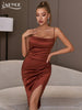 Adyce Spaghetti Strap Elegant Midi Women's Dress 2023 Summer Sexy Sleeveless Satin Brown Draped Evening Club Party Dress