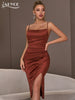Adyce Spaghetti Strap Elegant Midi Women's Dress 2023 Summer Sexy Sleeveless Satin Brown Draped Evening Club Party Dress