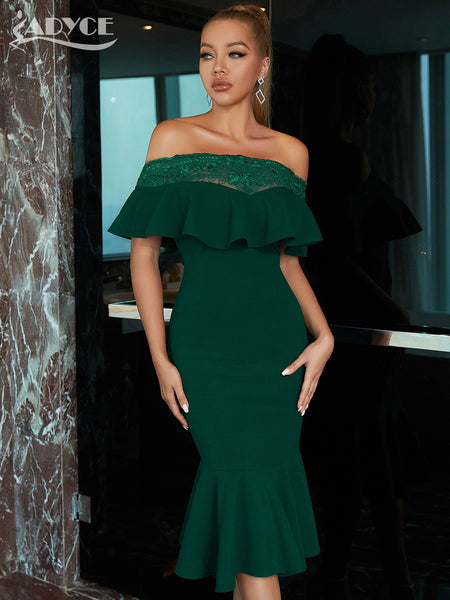 Adyce Summer Elegant Mermaid Green Lace Dress For Women Sexy Off Shoulder Ruffles Midi Party Celebrity Evening Club Dress Outfit