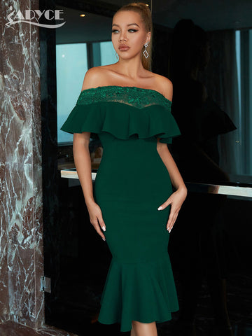 Adyce Summer Elegant Mermaid Green Lace Dress For Women Sexy Off Shoulder Ruffles Midi Party Celebrity Evening Club Dress Outfit