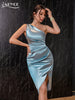 Adyce Summer One Shoulder Midi Dress For Women Sexy Sleeveless Blue Satin Club Celebrity Runway Party Female Long Dress