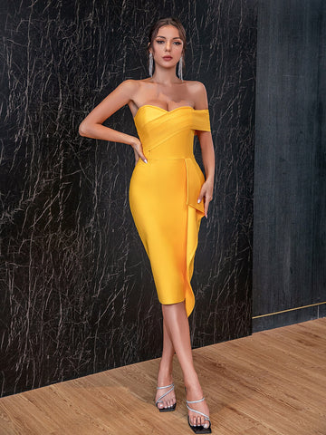 Adyce Summer Off Shoulder Bodycon Bandage Dress Women 2023 Sexy Ruffles Short Sleeve Celebrity Club Evening Midi Party Dress