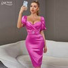Adyce Summer Short Puff Sleeve Women Midi Party Dress Sexy V Neck Diamonds Evening Celebrity Club Female Dress Vestidos