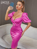 Adyce Summer Short Puff Sleeve Women Midi Party Dress Sexy V Neck Diamonds Evening Celebrity Club Female Dress Vestidos