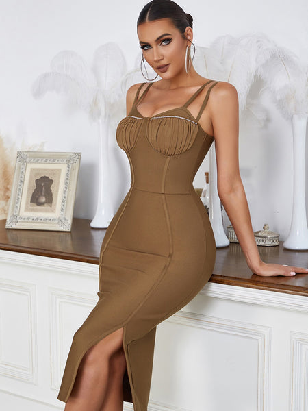 Adyce Summer Spaghetti Strap Women's Bandage Dress Sexy Split Celebrity Night Club Evening Party Outwear Midi Bodycon Slip Dress