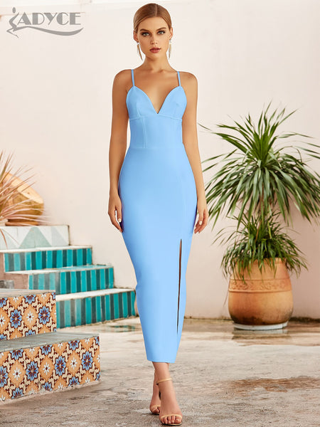 Adyce Summer Women Bodycon Bandage Dress Sexy V Neck Spaghetti Strap Slit Club Celebrity Cocktail Evening Runway Party Maxi Dres