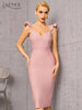 Adyce V Neck Pink Bodycon Bandage Dress For Women 2023 Summer Sexy Ruffles Sleeveless Midi Celebrity Evening Runway Club Dresses