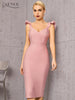 Adyce V Neck Pink Bodycon Bandage Dress For Women 2023 Summer Sexy Ruffles Sleeveless Midi Celebrity Evening Runway Club Dresses