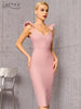 Adyce V Neck Pink Bodycon Bandage Dress For Women 2023 Summer Sexy Ruffles Sleeveless Midi Celebrity Evening Runway Club Dresses