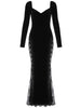 Adyce Women Evening Maxi Velvet Outfits Dress Sexy Black Lace Long Sleeve V Neck See Through Elegant Celebrity Club Party Dress
