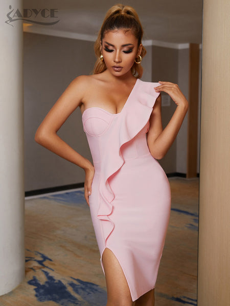 Adyce Women One Shoulder Bodycon Bandage Dress Summer Sexy Strapless Pink Ruffles Evening Club Midi Party Outwear Dress Vestidos