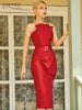 Adyce Women Red Ruffles Bandage Dress 2023 Summer Sexy Strapless Sleeveless Diamonds Midi Club Evening Party Outfits Dresses