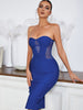 Adyce Women Strapless Midi Bandage Dress Summer Sexy Sleeveless Blue Mesh See Through Evening Celebrity Night Club Party Dresses