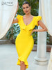 Adyce Women's Bodycon Bandage Dress Sexy V Neck Vestidos Midi Dress Ruffles Celebrity Night Club Evening Party Yellow Slim Dress
