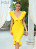 Adyce Women's Bodycon Bandage Dress Sexy V Neck Vestidos Midi Dress Ruffles Celebrity Night Club Evening Party Yellow Slim Dress