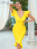 Adyce Women's Bodycon Bandage Dress Sexy V Neck Vestidos Midi Dress Ruffles Celebrity Night Club Evening Party Yellow Slim Dress