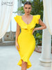 Adyce Women's Bodycon Bandage Dress Sexy V Neck Vestidos Midi Dress Ruffles Celebrity Night Club Evening Party Yellow Slim Dress