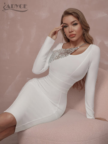 Adyce Women's White Bodycon Bandage Dress 2023 Winter Long Sleeve Sexy Sequins Celebrity Club Evening Runway Party Midi Dresses
