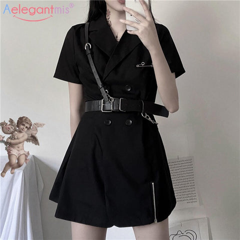 Aelegantmis Casual High Street Sashes Black Blazer Dress Women Spring Double Breasted Blazer with Belt Female Chic Vintage Tops