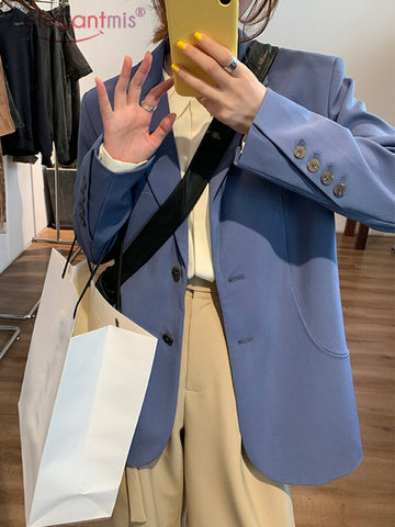 Aelegantmis Chic Loose Casual Blazer Jacket Women 2023 Korean Solid Lapel Office Lady Blazers Female Spring Elegant Tops