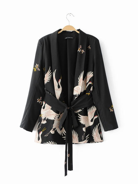 Fashion Bird Print Blazers Women Black Kimono Cardigan Autumn Casual Notched Collar Sashes Blazer Ladies Suit