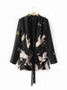 Fashion Bird Print Blazers Women Black Kimono Cardigan Autumn Casual Notched Collar Sashes Blazer Ladies Suit