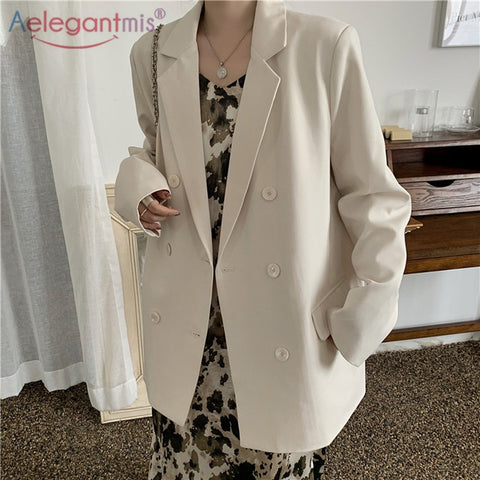 Aelegantmis Office Lady Loose Blazer Women Oversized Korean Style Double Breasted Suit Jacket Solid Chic Causal Outwear