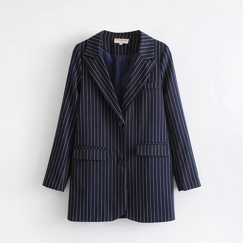 Fashion Stripe Blazers Women Spring Classic Navy Blue Casual Notched Collar Blazer Office Lady Suit Female Outwear